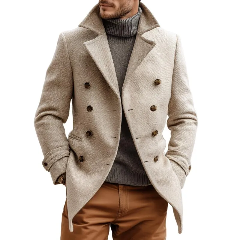 Men's Vintage Twill Wool Blend Notch Lapel Double-breasted Slim Fit Warm Peacoat MTA2196H8M sold by Manly
