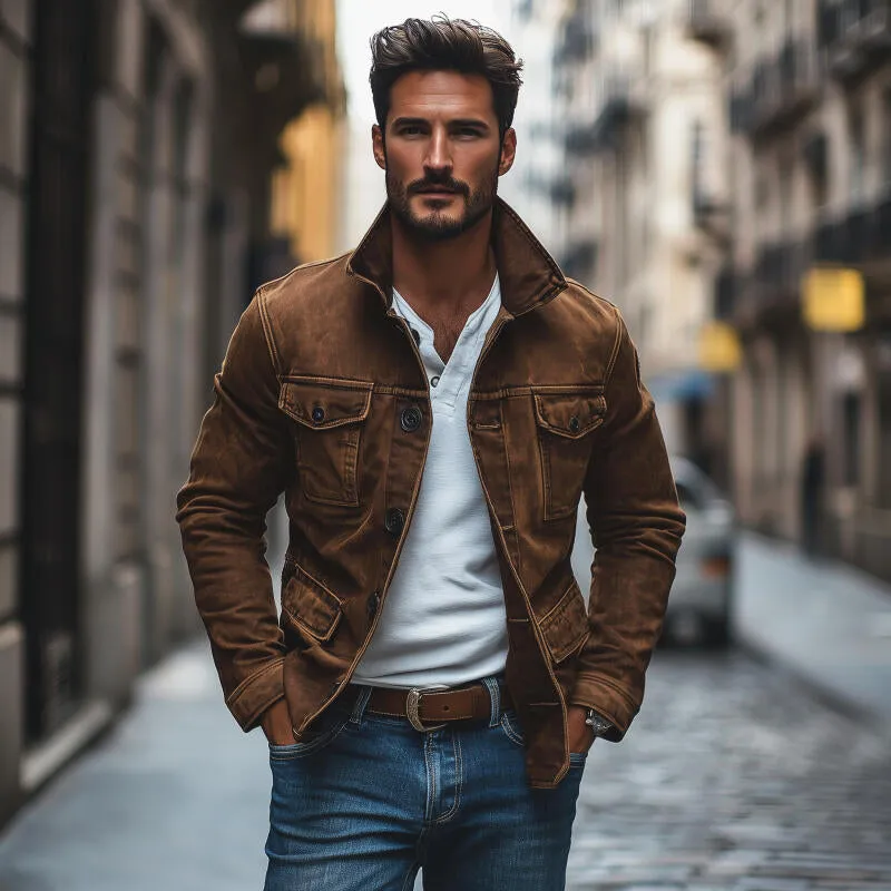 Men's Vintage Washed Distressed Denim Lapel Single-breasted Multi-pocket Caogo Jacket MTA2150H2M sold by Manly product image thumbnail 3