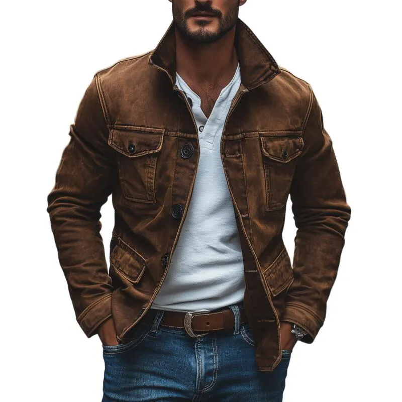 Men's Vintage Washed Distressed Denim Lapel Single-breasted Multi-pocket Caogo Jacket MTA2150H2M sold by Manly