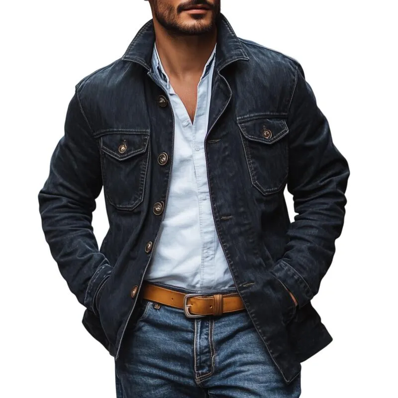Men's Vintage Washed Distressed Denim Lapel Single-breasted Flap Chest Pocket Loose Cargo Jacket MTA2134H7M sold by Manly