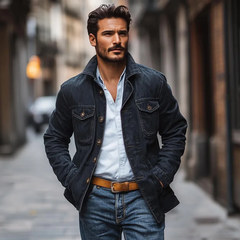 Men's Vintage Washed Distressed Denim Lapel Single-breasted Flap Chest Pocket Loose Cargo Jacket MTA2134H7M sold by Manly product image thumbnail 3