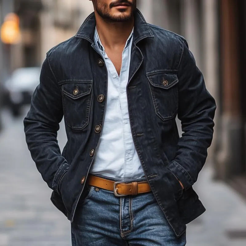 Men's Vintage Washed Distressed Denim Lapel Single-breasted Flap Chest Pocket Loose Cargo Jacket MTA2134H7M sold by Manly product image thumbnail 2