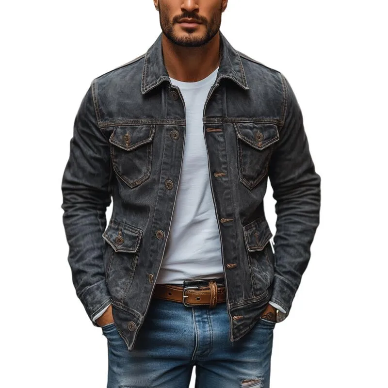 Men's Vintage Washed Distressed Denim Lapel Single-breasted Multi-pocket Caogo Jacket MTA2168H3M sold by Manly