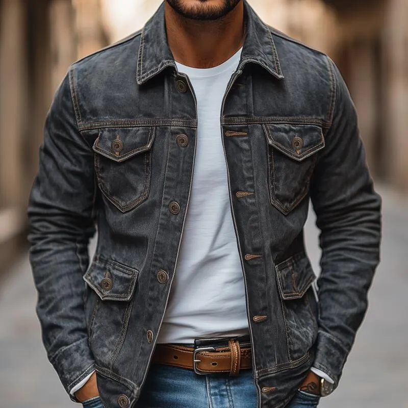 Men's Vintage Washed Distressed Denim Lapel Single-breasted Multi-pocket Caogo Jacket MTA2168H3M sold by Manly product image thumbnail 3