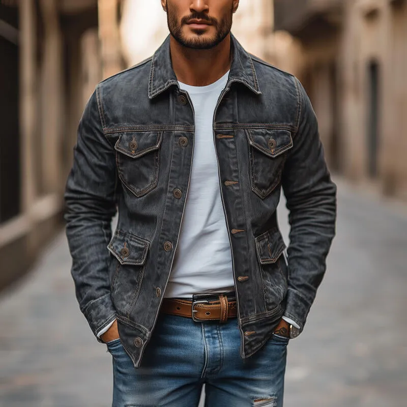 Men's Vintage Washed Distressed Denim Lapel Single-breasted Multi-pocket Caogo Jacket MTA2168H3M sold by Manly product image thumbnail 2