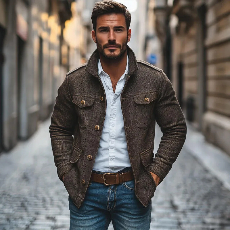 Men's Vintage Cotton Blend Lapel Single-Breasted Multi-Pocket Loose Work Jacket MTA2115H1M sold by Manly product image thumbnail 3