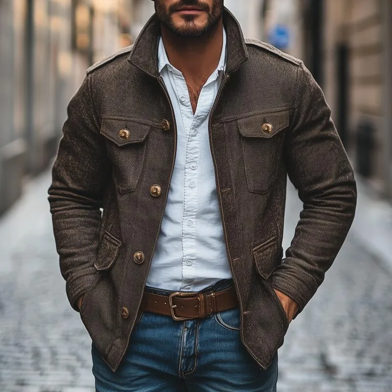 Men's Vintage Cotton Blend Lapel Single-Breasted Multi-Pocket Loose Work Jacket MTA2115H1M sold by Manly product image thumbnail 2