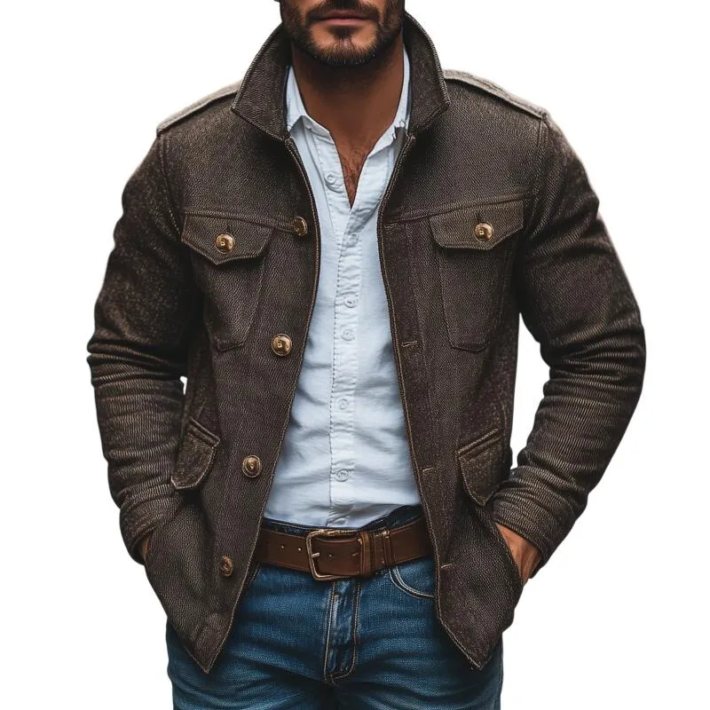 Men's Vintage Cotton Blend Lapel Single-Breasted Multi-Pocket Loose Work Jacket MTA2115H1M sold by Manly