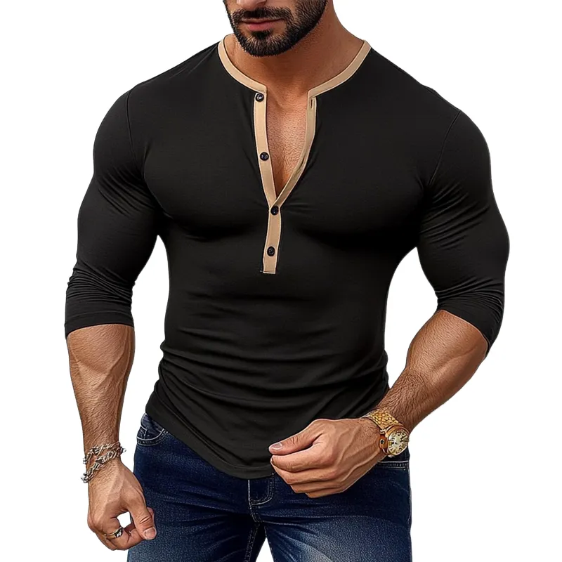 Men's Cotton Blend Contrast Color Henley Crew Neck Long Sleeve T-shirt MTA2084H7X sold by Manly