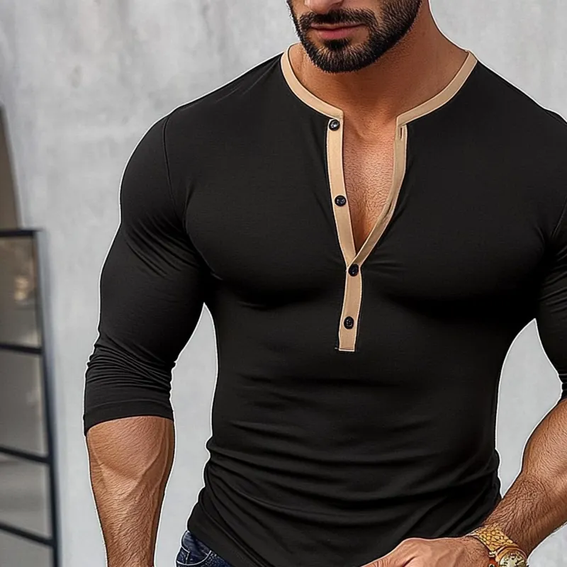 Men's Cotton Blend Contrast Color Henley Crew Neck Long Sleeve T-shirt MTA2084H7X sold by Manly product image thumbnail 3