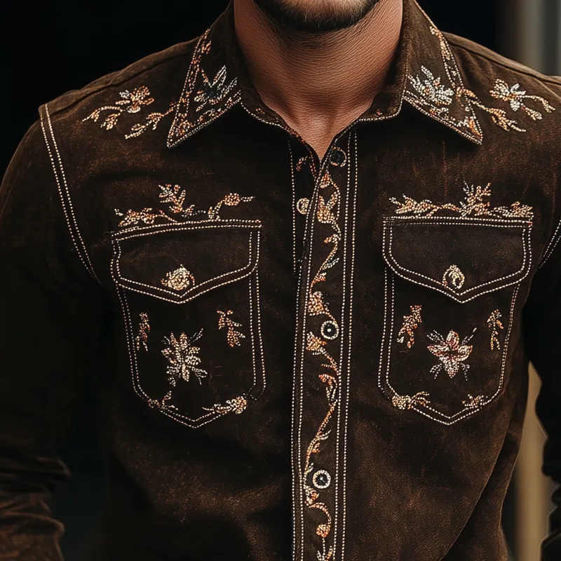 Men's Vintage Floral Embroidered Long Sleeve Lapel Shirt MTA2070H5X sold by Manly product image thumbnail 2