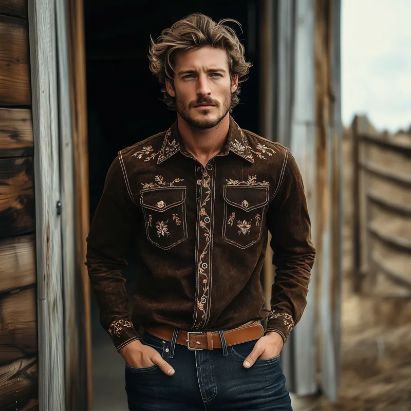 Men's Vintage Floral Embroidered Long Sleeve Lapel Shirt MTA2070H5X sold by Manly product image thumbnail 4