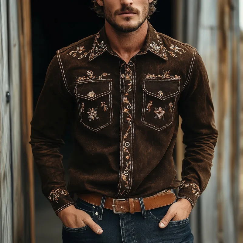 Men's Vintage Floral Embroidered Long Sleeve Lapel Shirt MTA2070H5X sold by Manly product image thumbnail 3