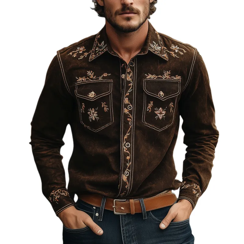 Men's Vintage Floral Embroidered Long Sleeve Lapel Shirt MTA2070H5X sold by Manly