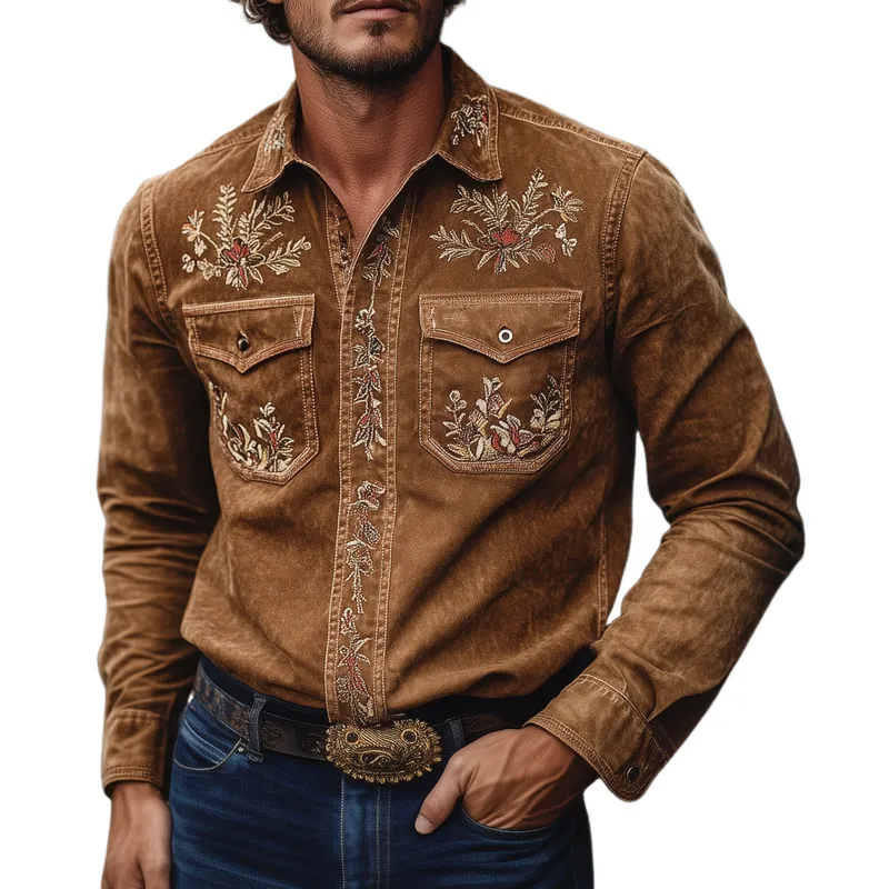 Men's Vintage Western Embroidered Lapel Long Sleeve Shirt MTA2036H6X sold by Manly