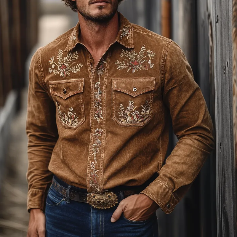 Men's Vintage Western Embroidered Lapel Long Sleeve Shirt MTA2036H6X sold by Manly product image thumbnail 3