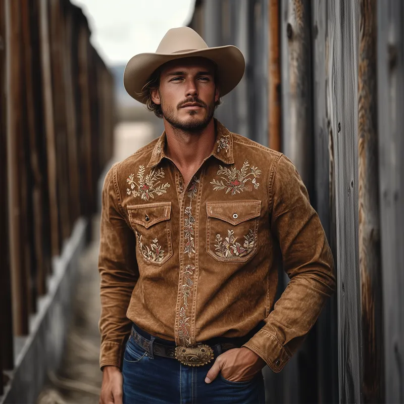 Men's Vintage Western Embroidered Lapel Long Sleeve Shirt MTA2036H6X sold by Manly product image thumbnail 2