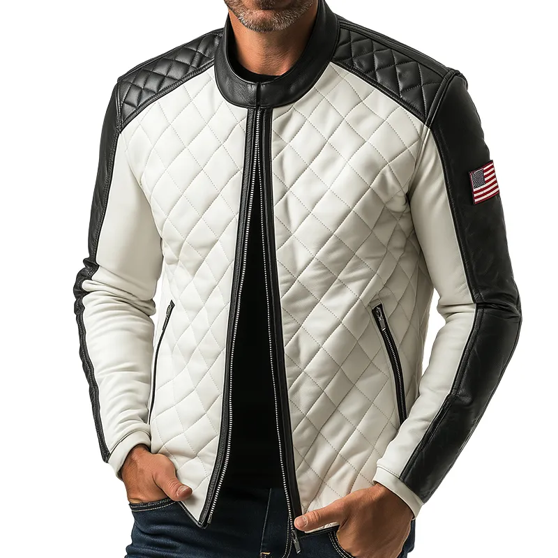 Men's Retro Casual Motorcycle Style Diamond Check PU Stand Collar Leather Jacket MTA2185H3TO sold by Manly