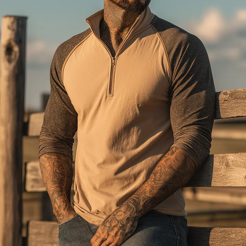 Men's Retro Casual Western Style Cotton Colorblock Zipper Neck Long Sleeve T-shirt MTA2174H6TO sold by Manly product image thumbnail 2