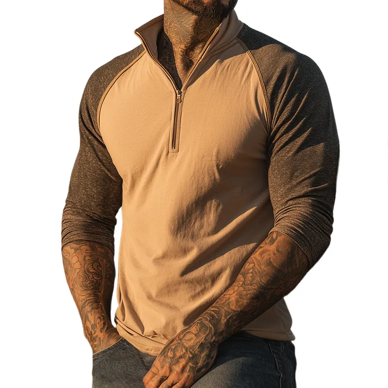 Men's Retro Casual Western Style Cotton Colorblock Zipper Neck Long Sleeve T-shirt MTA2174H6TO sold by Manly