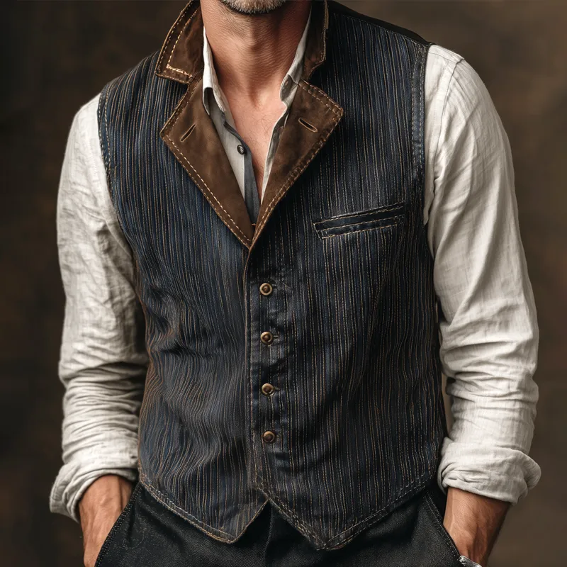Men's Striped Denim Splicing Faux Suede Lapel Single Breasted Vintage Vest MTA2160H3Z sold by Manly product image thumbnail 2