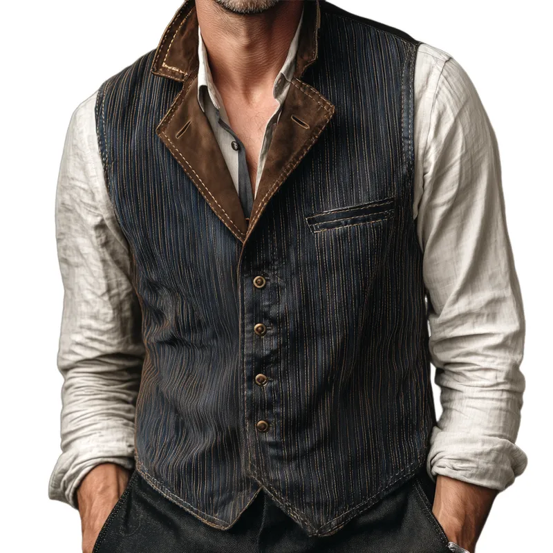 Men's Striped Denim Splicing Faux Suede Lapel Single Breasted Vintage Vest MTA2160H3Z sold by Manly