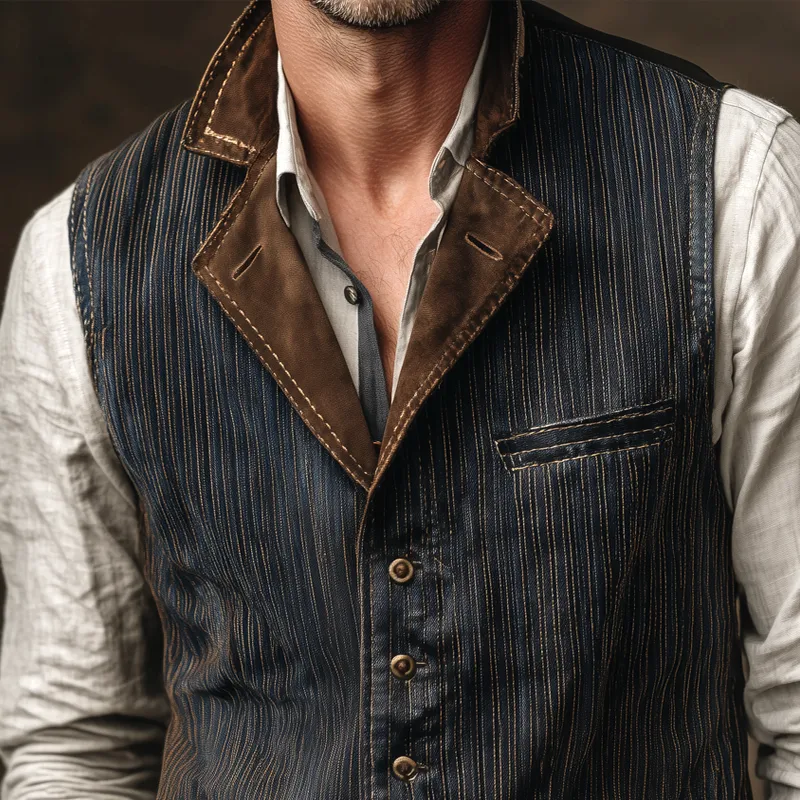 Men's Striped Denim Splicing Faux Suede Lapel Single Breasted Vintage Vest MTA2160H3Z sold by Manly product image thumbnail 3