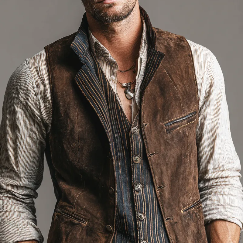 Men's Vintage Fake Two-piece Distressed Printed Faux Suede Single Breasted Vest MTA2169H2Z sold by Manly product image thumbnail 3