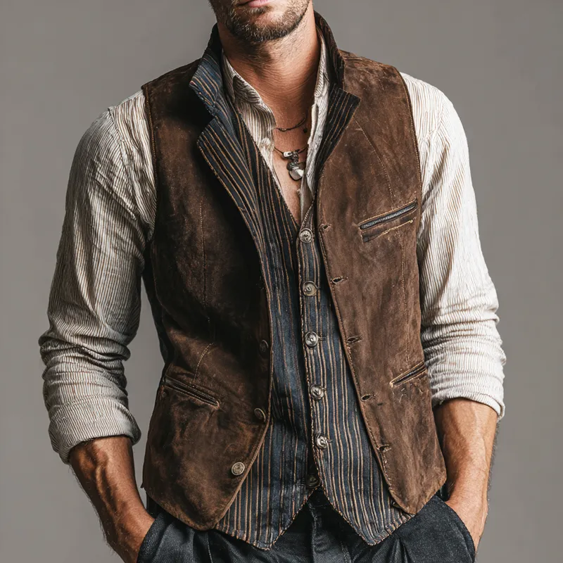 Men's Vintage Fake Two-piece Distressed Printed Faux Suede Single Breasted Vest MTA2169H2Z sold by Manly product image thumbnail 2