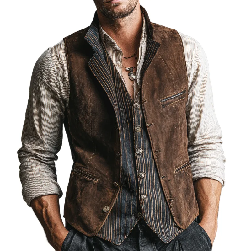 Men's Vintage Fake Two-piece Distressed Printed Faux Suede Single Breasted Vest MTA2169H2Z sold by Manly