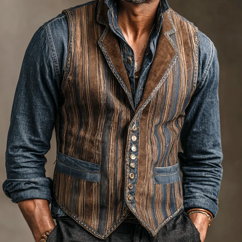 Men's Vintage Striped Printed Faux Suede Single Breasted Vest MTA2187H0Z sold by Manly product image thumbnail 2