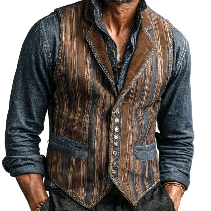 Men's Vintage Striped Printed Faux Suede Single Breasted Vest MTA2187H0Z sold by Manly