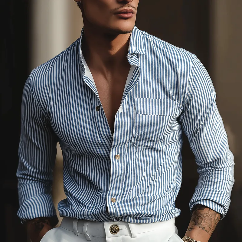 Men's Striped Lapel Long Sleeve Shirt MTA2040H7Z sold by Manly product image thumbnail 2