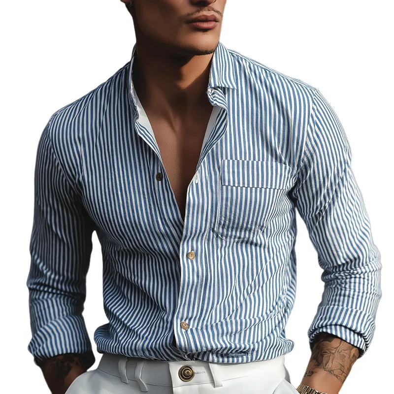 Men's Striped Lapel Long Sleeve Shirt MTA2040H7Z sold by Manly