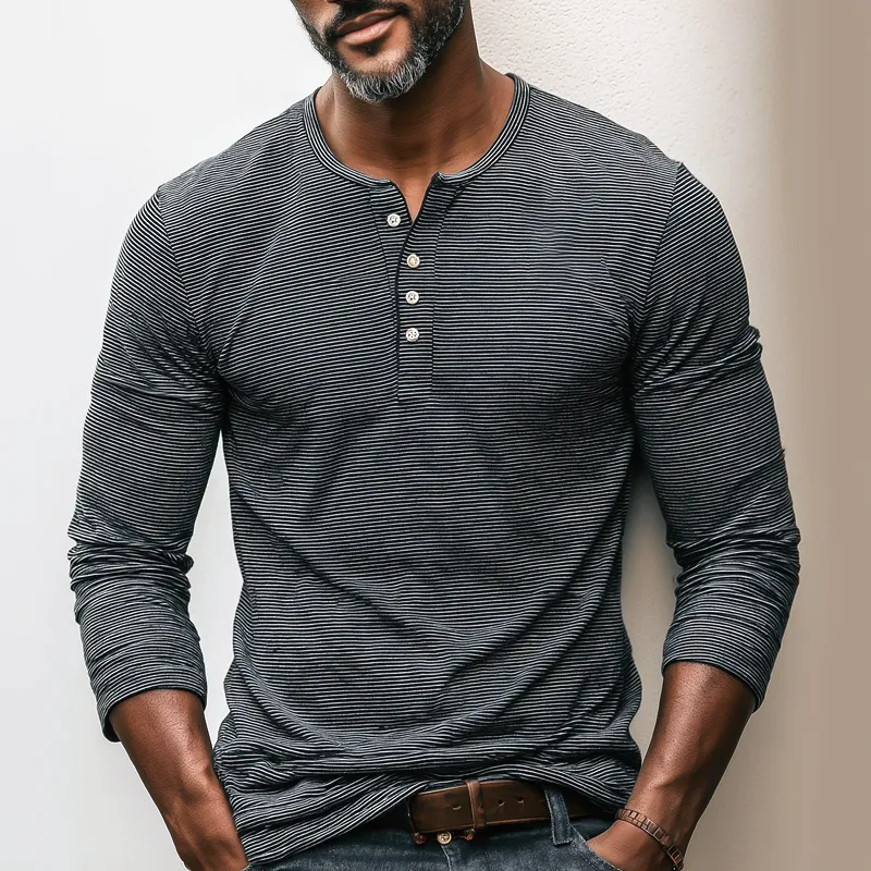 Men's Striped Henley Collar Long Sleeve T-shirt MTA2012H9Z sold by Manly product image thumbnail 2