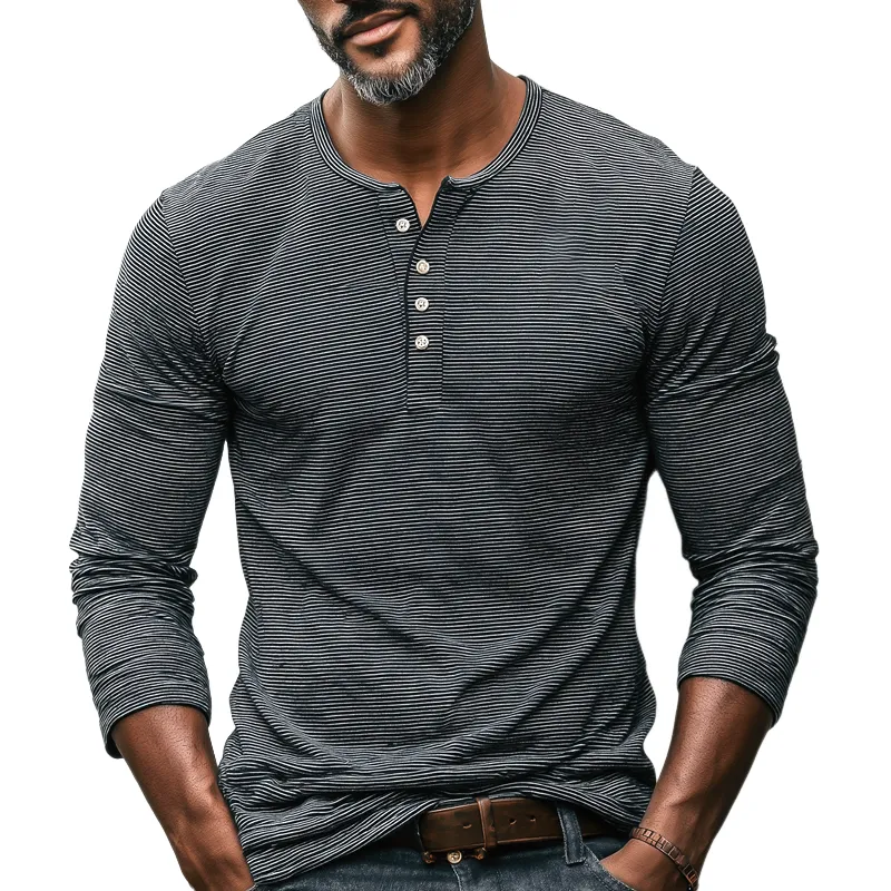 Men's Striped Henley Collar Long Sleeve T-shirt MTA2012H9Z sold by Manly
