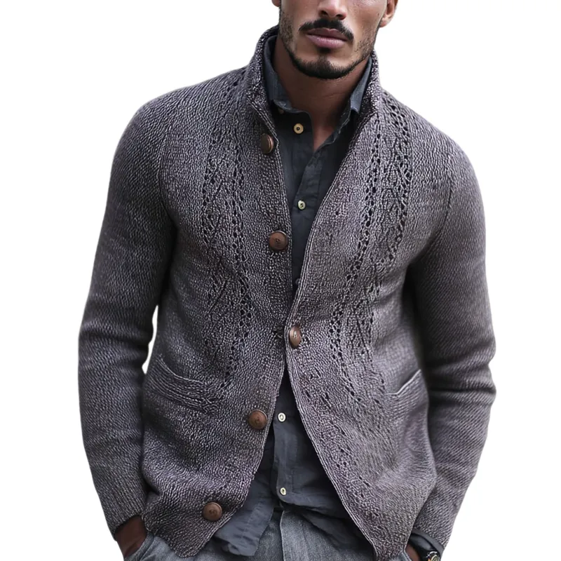 Men's Fashion Jacquard Stand Collar Single Breasted Knitted Cardigan MTA1975H0Z sold by Manly