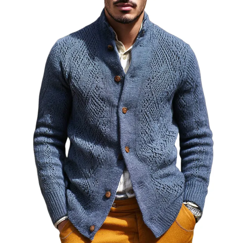 Men's Fashion Jacquard Stand Collar Single Breasted Knitted Cardigan MTA1955H0Z sold by Manly