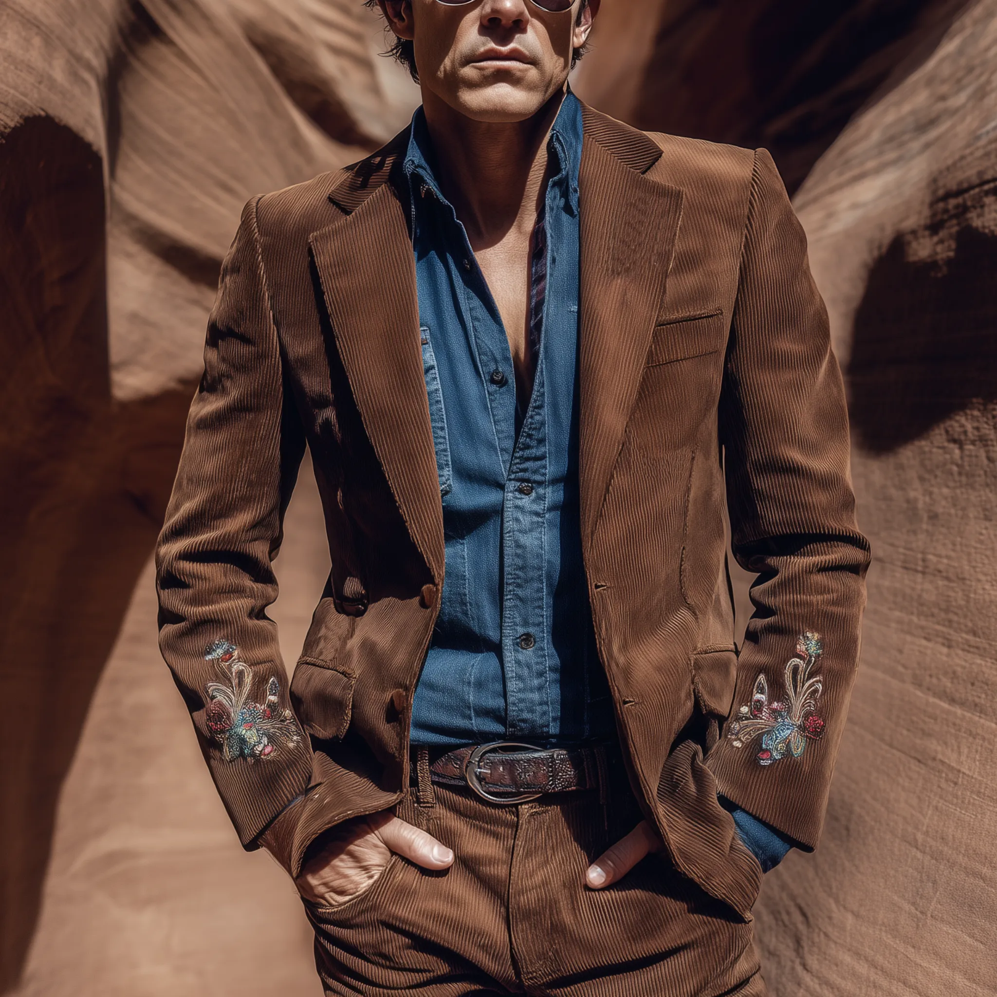 Men's Classic Retro Western Style Single-breasted Corduroy Cuff Embroidered Slim-fit Blazer MTA2187H1K sold by Manly product image thumbnail 2