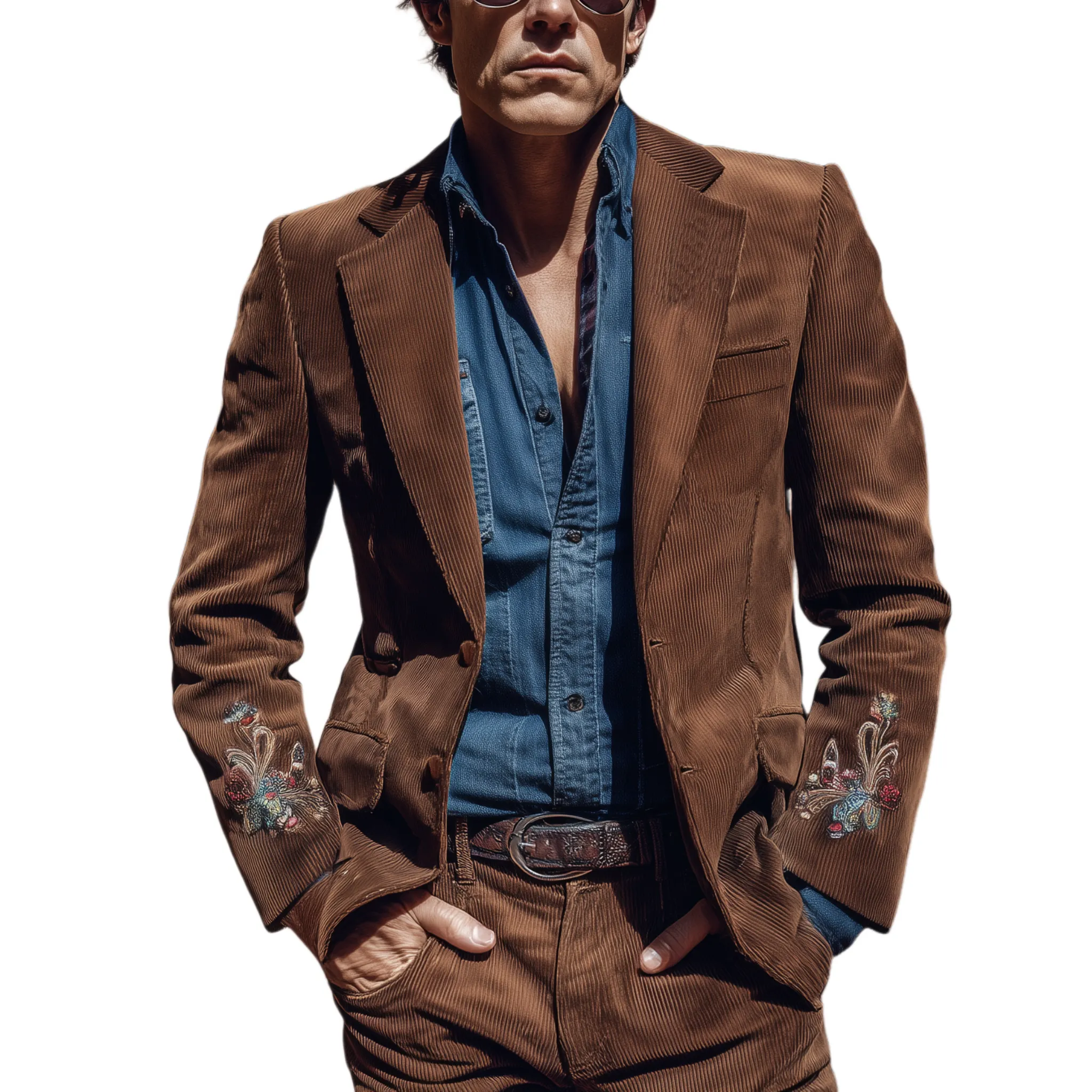 Men's Classic Retro Western Style Single-breasted Corduroy Cuff Embroidered Slim-fit Blazer MTA2187H1K sold by Manly