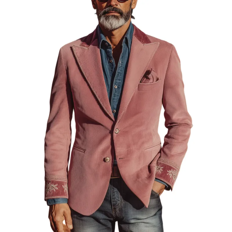 Men's Classic Retro Western Style Pink Corduroy Cuff Embroidered Single-breasted Slim-fit Blazer MTA2125H6K sold by Manly