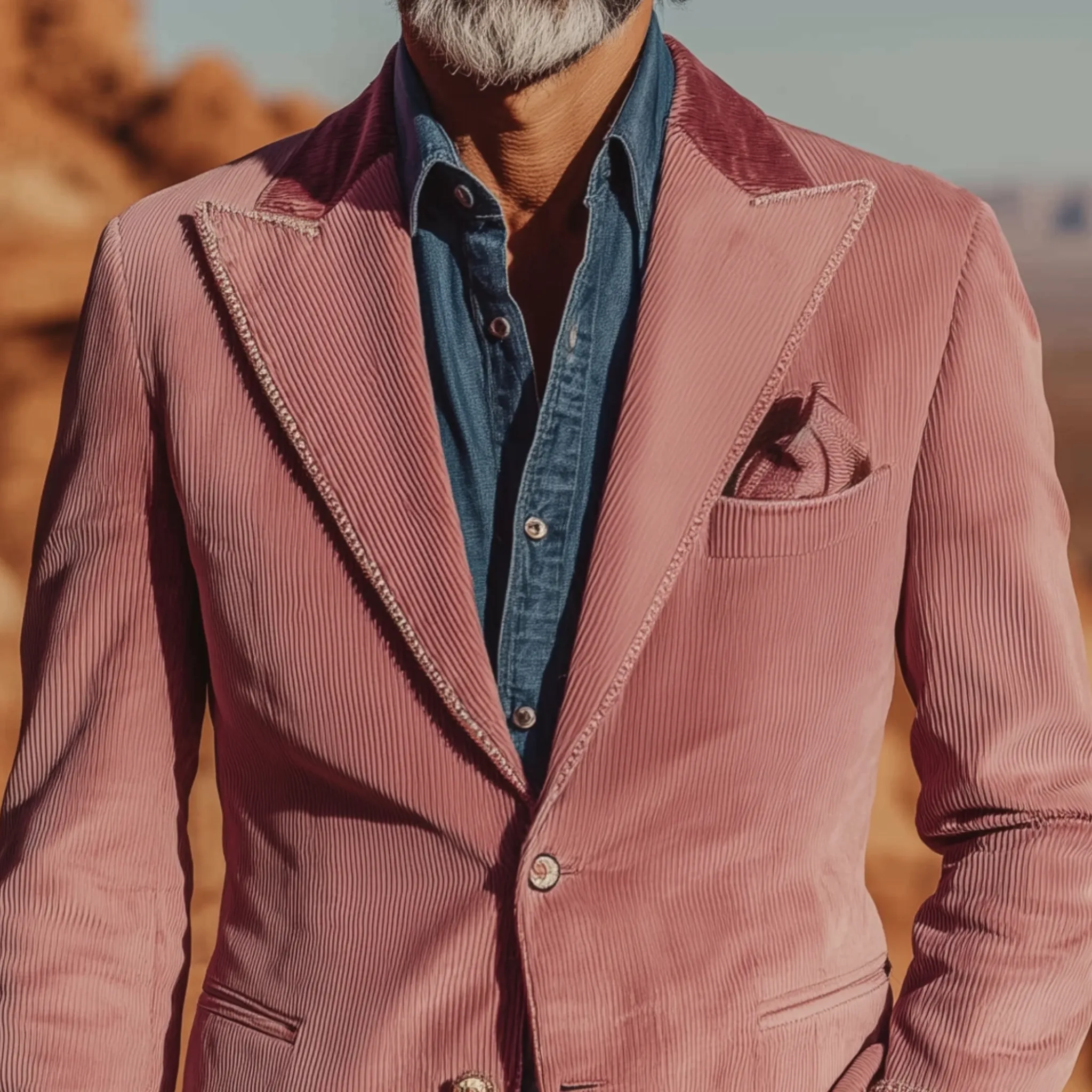 Men's Classic Retro Western Style Pink Corduroy Cuff Embroidered Single-breasted Slim-fit Blazer MTA2125H6K sold by Manly product image thumbnail 4