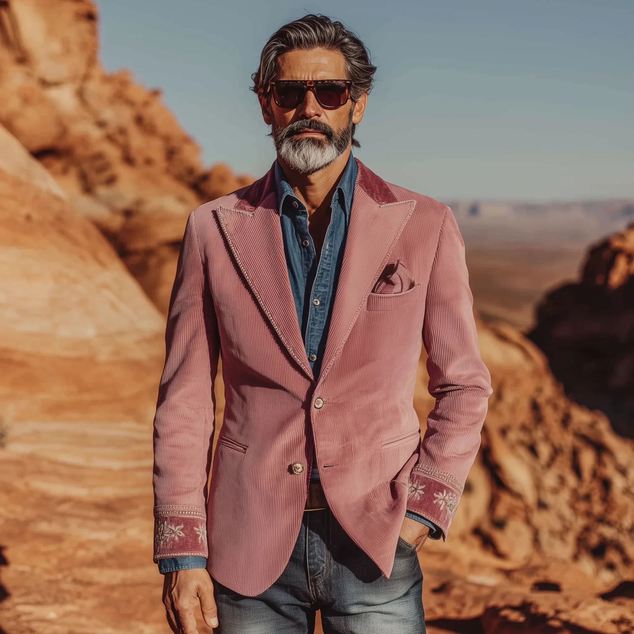 Men's Classic Retro Western Style Pink Corduroy Cuff Embroidered Single-breasted Slim-fit Blazer MTA2125H6K sold by Manly product image thumbnail 3