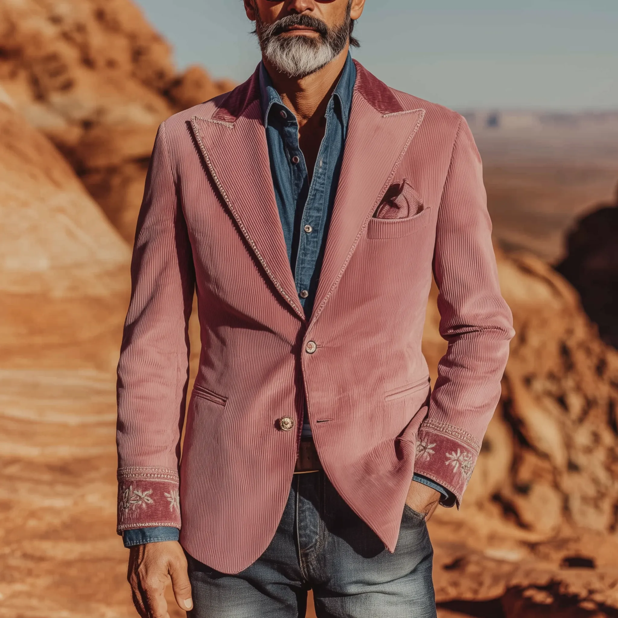 Men's Classic Retro Western Style Pink Corduroy Cuff Embroidered Single-breasted Slim-fit Blazer MTA2125H6K sold by Manly product image thumbnail 2