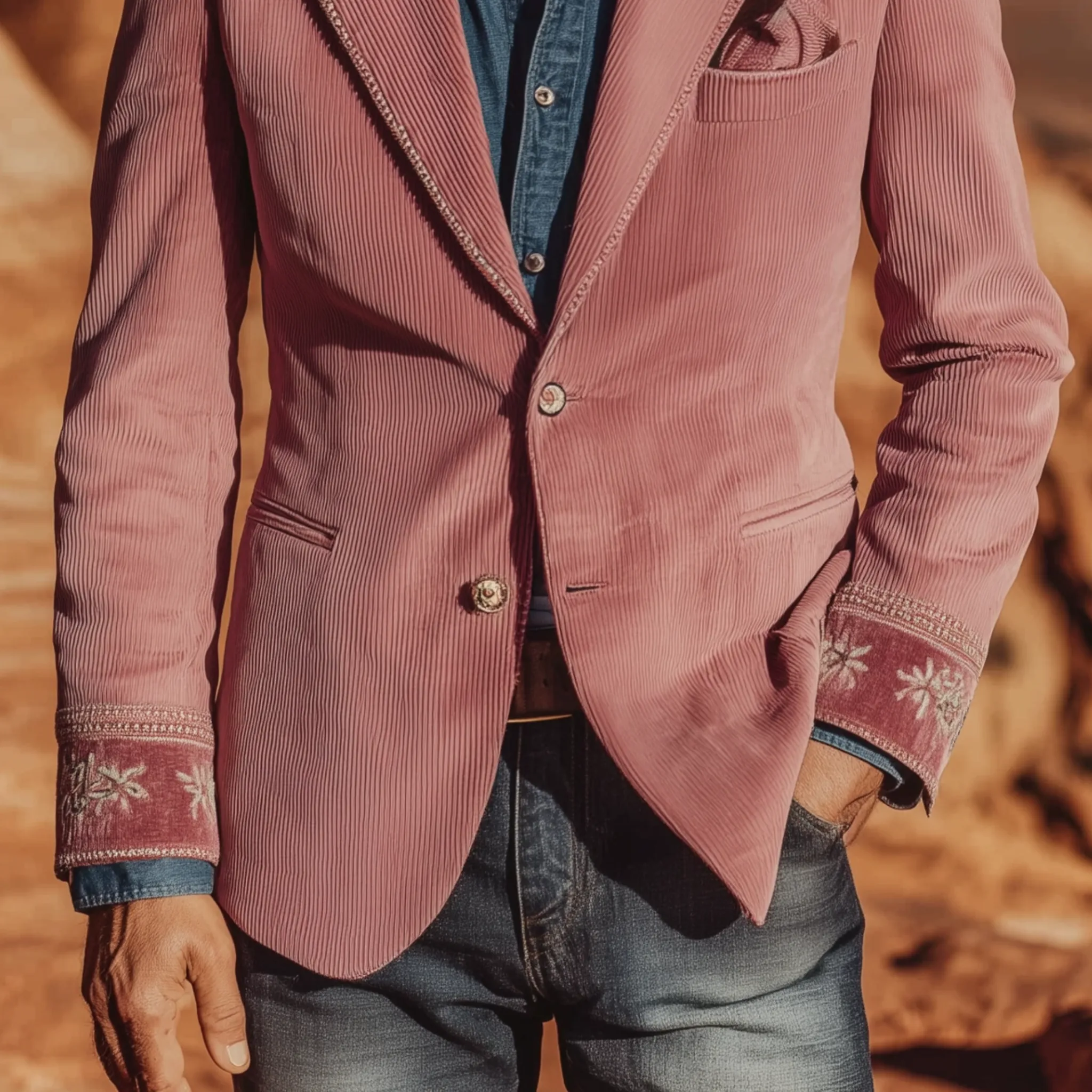 Men's Classic Retro Western Style Pink Corduroy Cuff Embroidered Single-breasted Slim-fit Blazer MTA2125H6K sold by Manly product image thumbnail 5