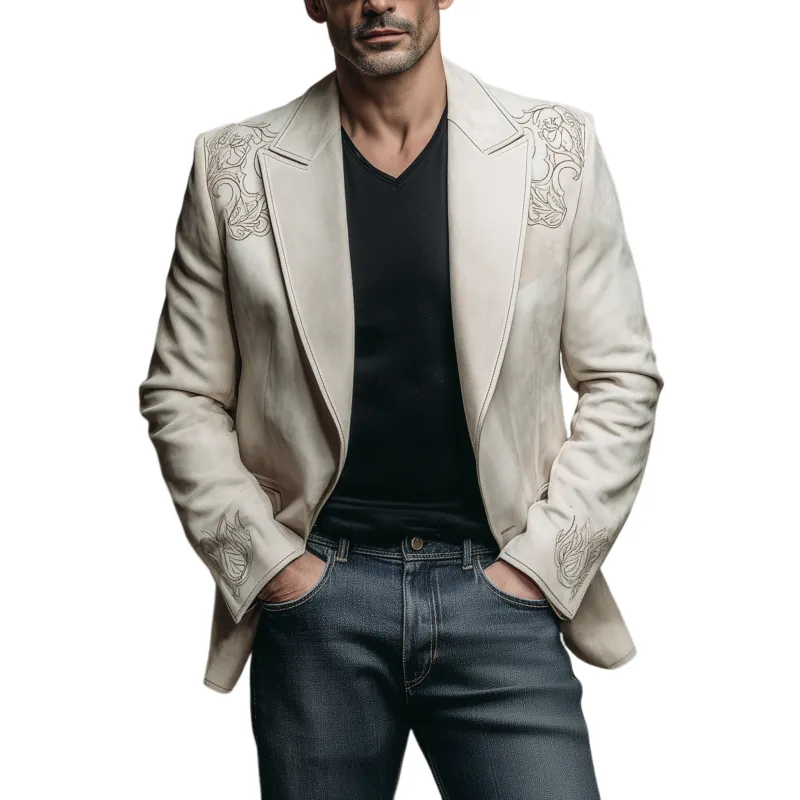 Men's Classic Retro Western Style Single-breasted Suede Embroidered Slim-fit Blazer MTA2103H8K sold by Manly