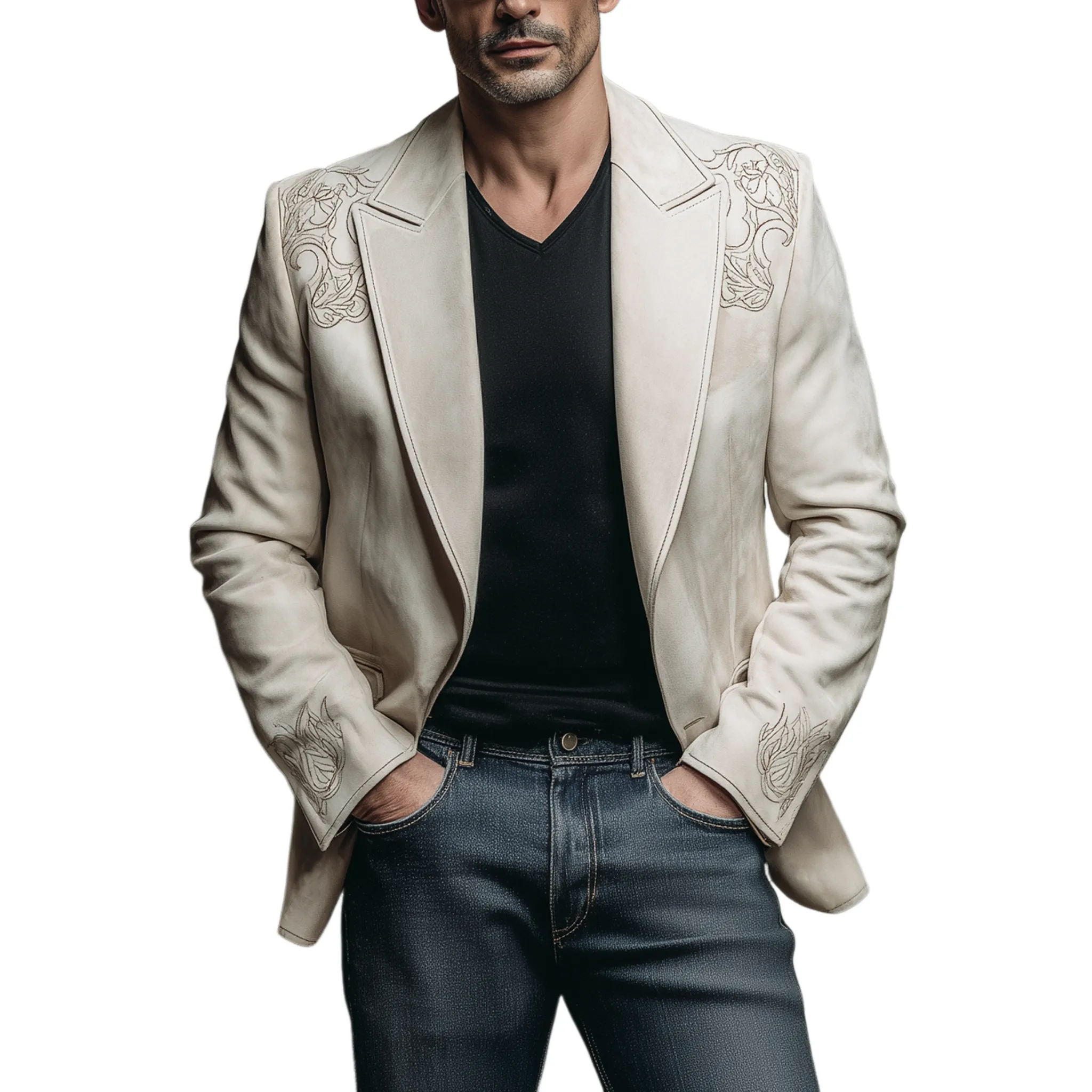 Men's Classic Retro Western Style Single-breasted Suede Embroidered Slim-fit Blazer MTA2103H8K sold by Manly