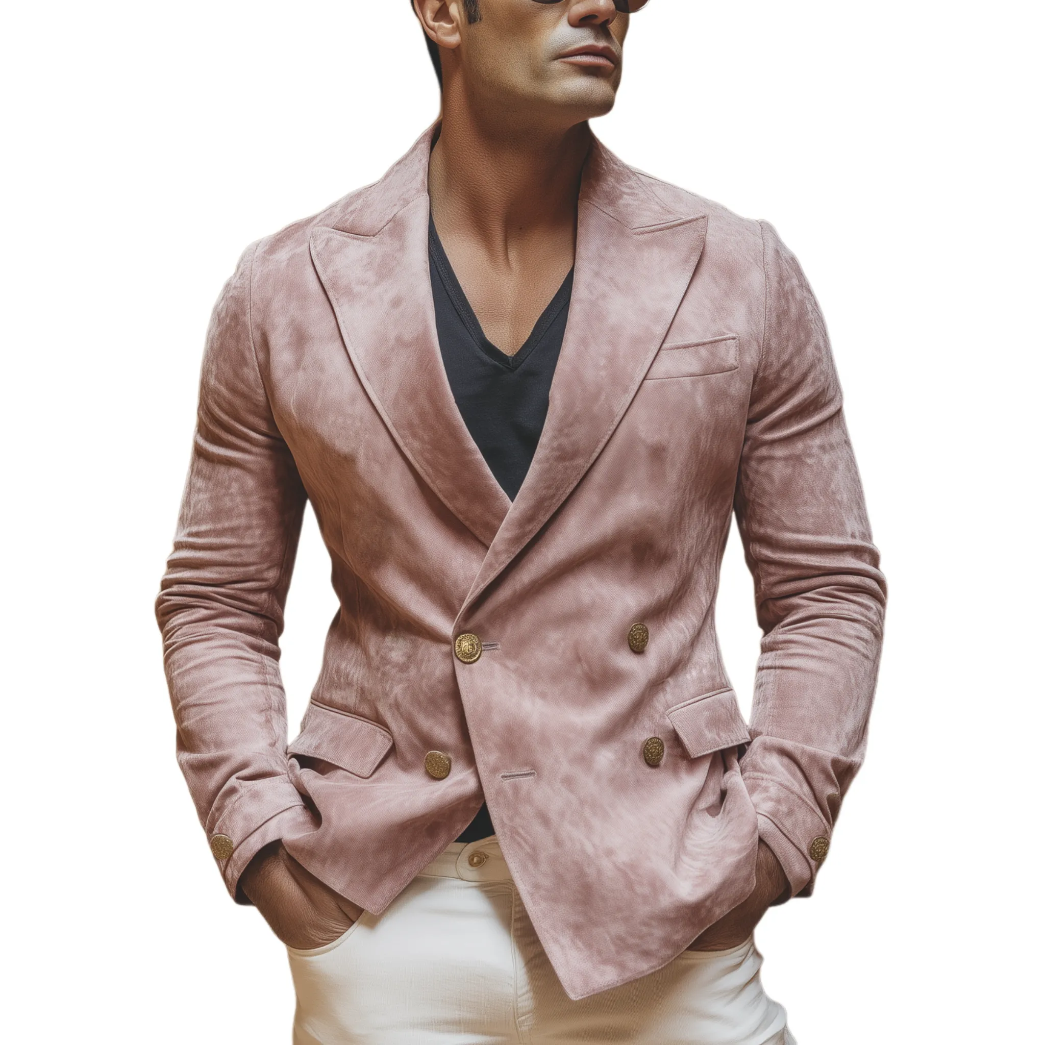 Men's Classic Retro Western Style Double-breasted Pink Suede Slim-fit Blazer MTA2135H8K sold by Manly