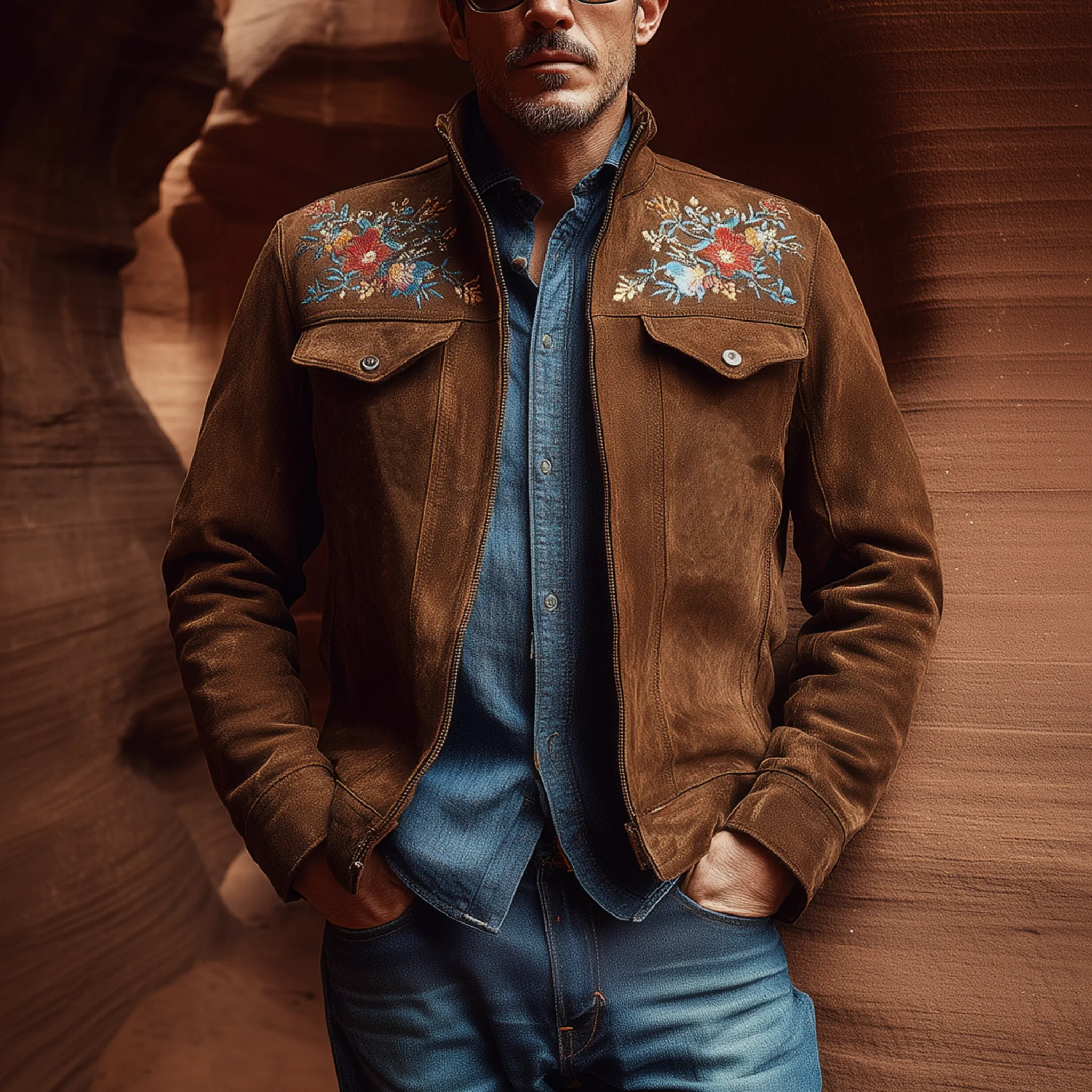 Men's Classic American Retro Western Style Stand Collar Embroidered Suede Jacket MTA2162H3K sold by Manly product image thumbnail 2