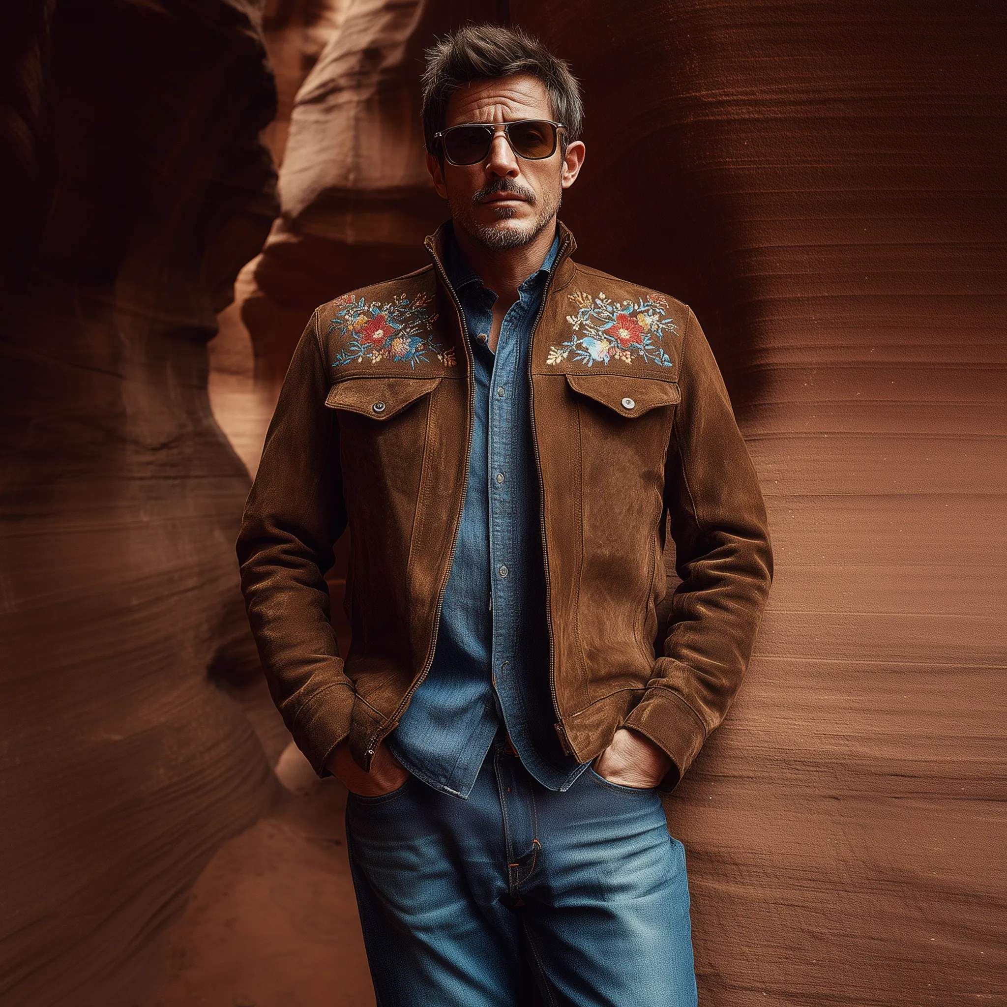 Men's Classic American Retro Western Style Stand Collar Embroidered Suede Jacket MTA2162H3K sold by Manly product image thumbnail 3